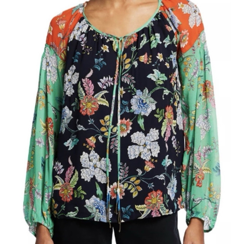 Johnny‎ Was Jade Hortensia Floral Patchwork Peasant Top Sz M Balloon Sleeve Boho